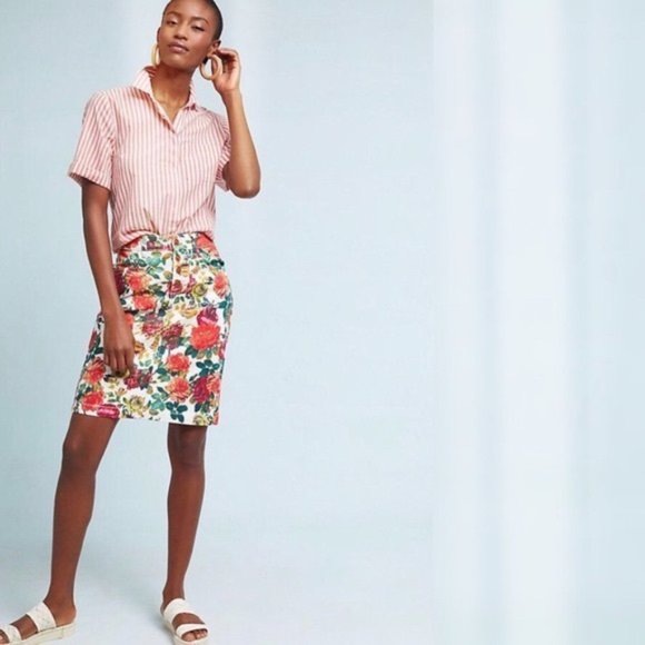 Anthropologie Maeve Floral Denim Skirt Size 4 Multicolor Garden Pencil Cotton - Picture 2 of 13